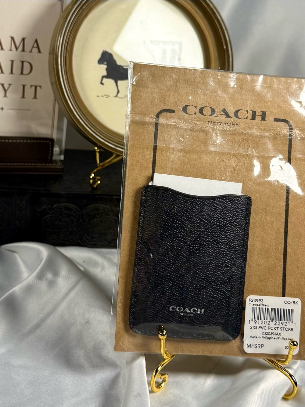 NWT Coach F24993 Signature PVC Adhesive Phone Card Pocket Black